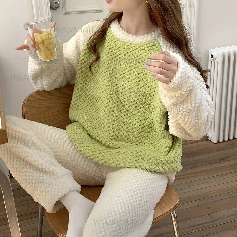 여성용 코랄 벨벳 파자마, 라운드넥 홈웨어 2 피스 세트, 부드럽고 따뜻한 코튼 라운지웨어, 캐주얼, 겨울, 신상