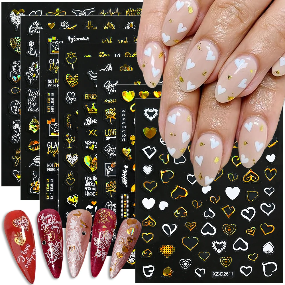 1pc dorato laser rosa cuore labbra adesivi per nail art olografico scava fuori amore ragno decalcomanie per unghie di San Valentino decorazione per manicure