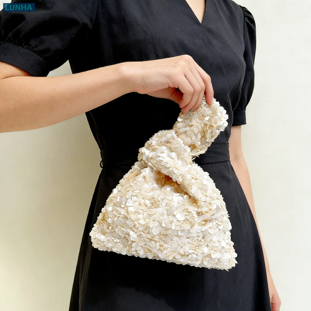 

Women's Elegant Sequin Evening Clutch Bag Luxury Designer Style Apricot Color Wristlet Purse Bags for Parties