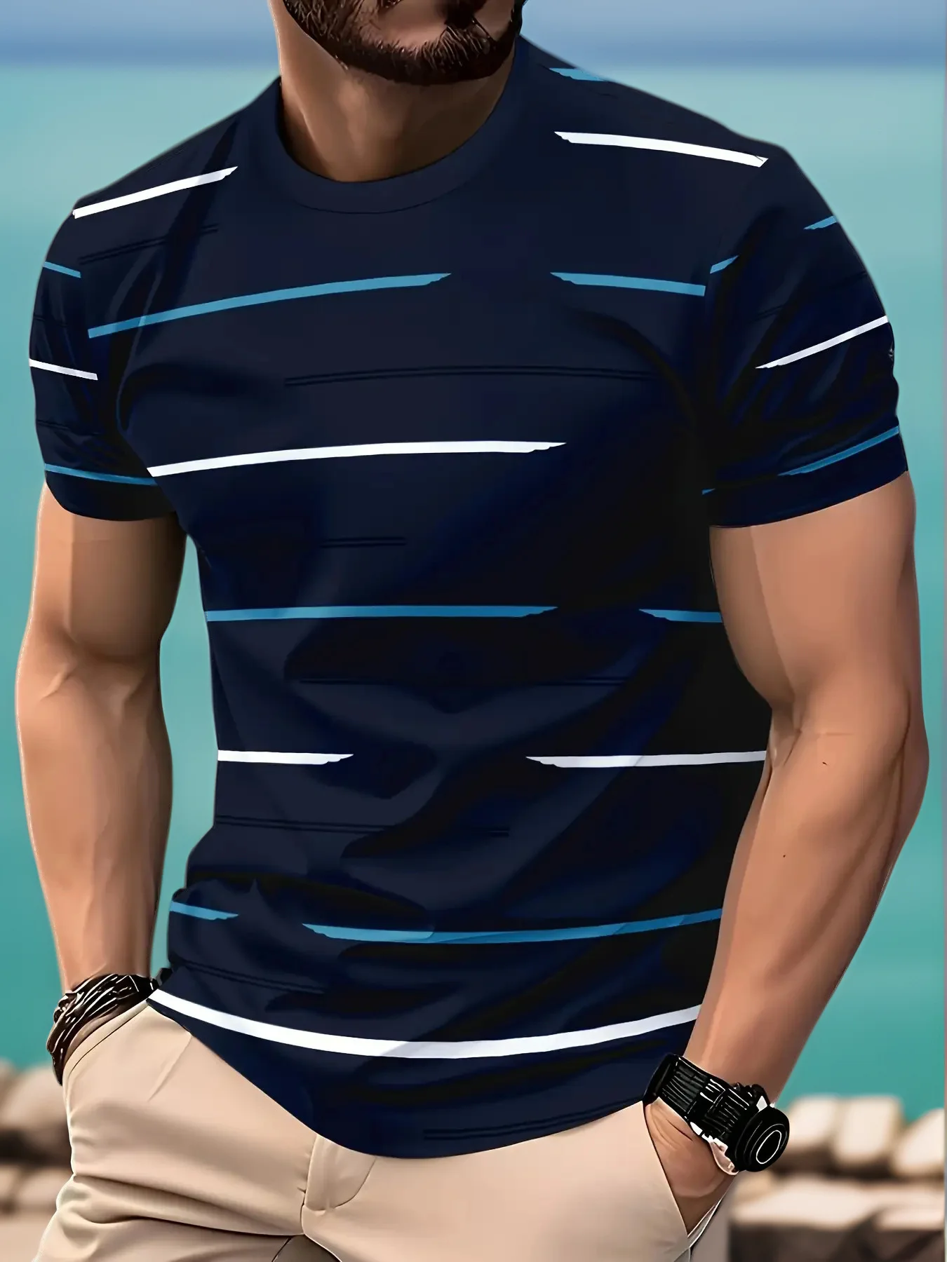 New men's short-sleeve T-shirt, loose-fitting and tailored with printed designs, versatile basic crew-neck top suitable for spri