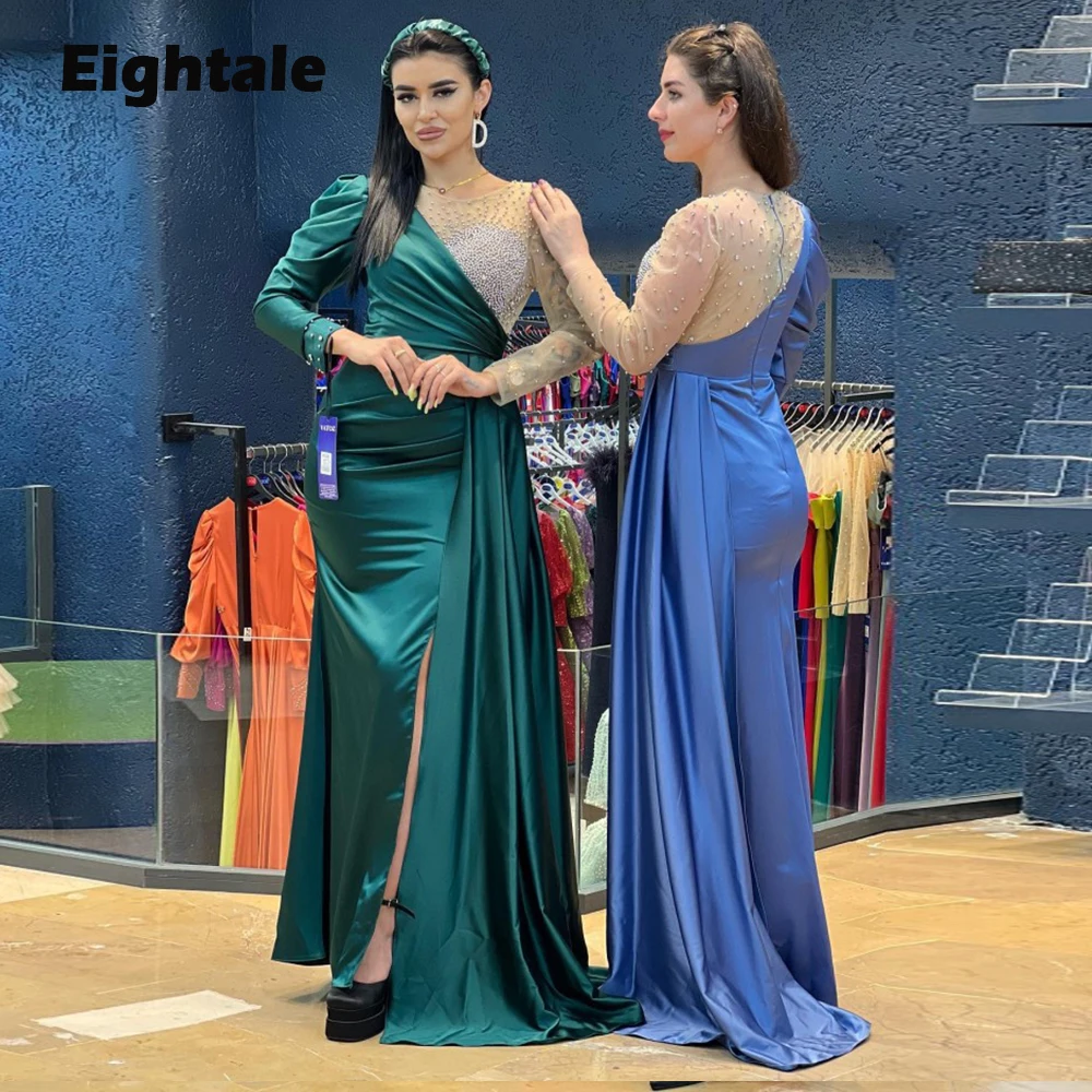 Eightale Pearls พรหมสำหรับงานแต่งงานซาตินคำชุดออกงานกลางคืนลูกปัดแขนยาว Mermaid ชุดเดรสปาร์ตี้เสื้อคลุม De Soirée