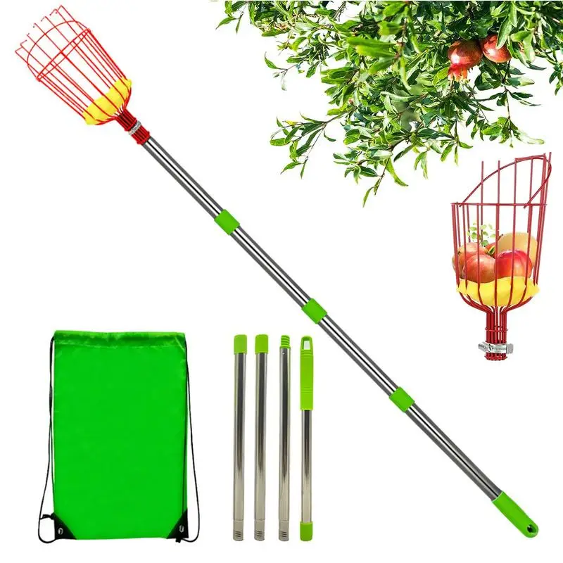 Telescopic Fruit Picker Stainless Steel Apple Picking Device Portable Harvesting Fruit Collector Catcher Detachable Picker Pole