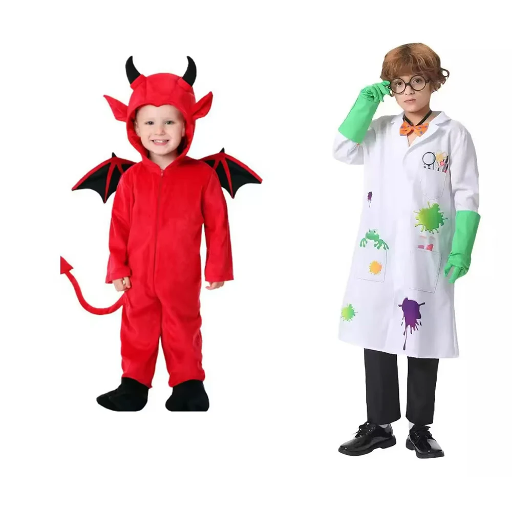 

Kids Red Demon Devil Evil Bat Vampire Dress Halloween Scientist Cosplay Costumes Boys Girls Bull Ghost Party Playing Up jumpsuit