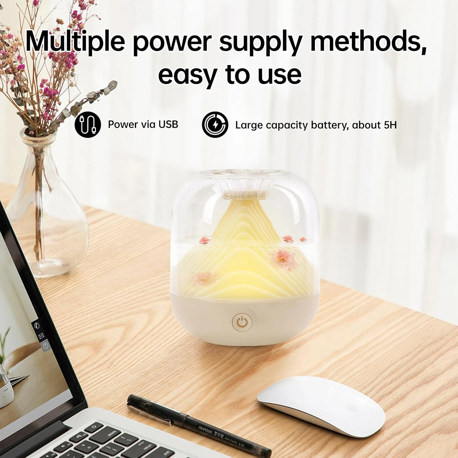 مرطب صغير بتصميم مناظر طبيعية لغرفة النوم الصغيرة - فوهة USB نانو الانحلال للنباتات والمكتب والسيارة وغرفة الأطفال مع N