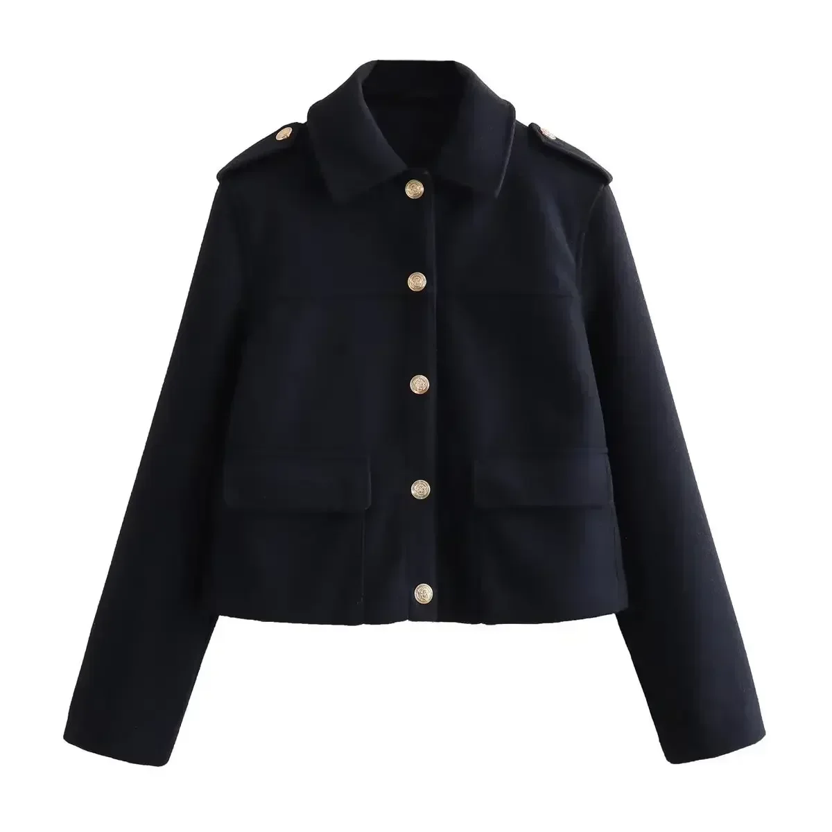 Women Clothing Autumn Fashion Casual Jacket Long Sleeves Lapel Coat Women's Chic Single-breasted Solid Navy Blue Retro Outerwear