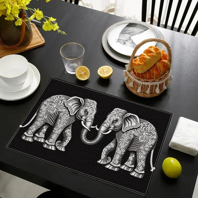 4PC Creative and Elephant Element Printed Linen Placemats Make Your Restaurant Kitchen More Beautiful