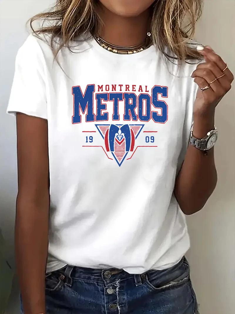 Women's Summer Crew Neck Short Sleeve T-Shirt, Montreal Metros Team Print Tee Shirt, Sports Casual Top