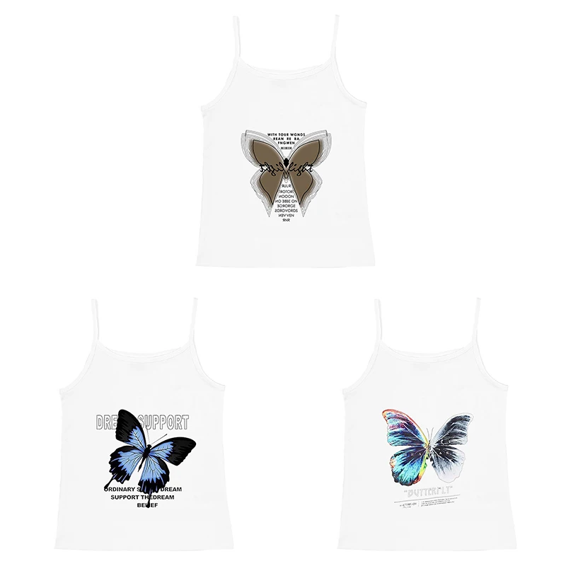 

Three-piece Butterfly Print Rib Knit Top Summer Sleeveless Top White Casual Sports Vest Off-the-shoulder Women's Vest White Top