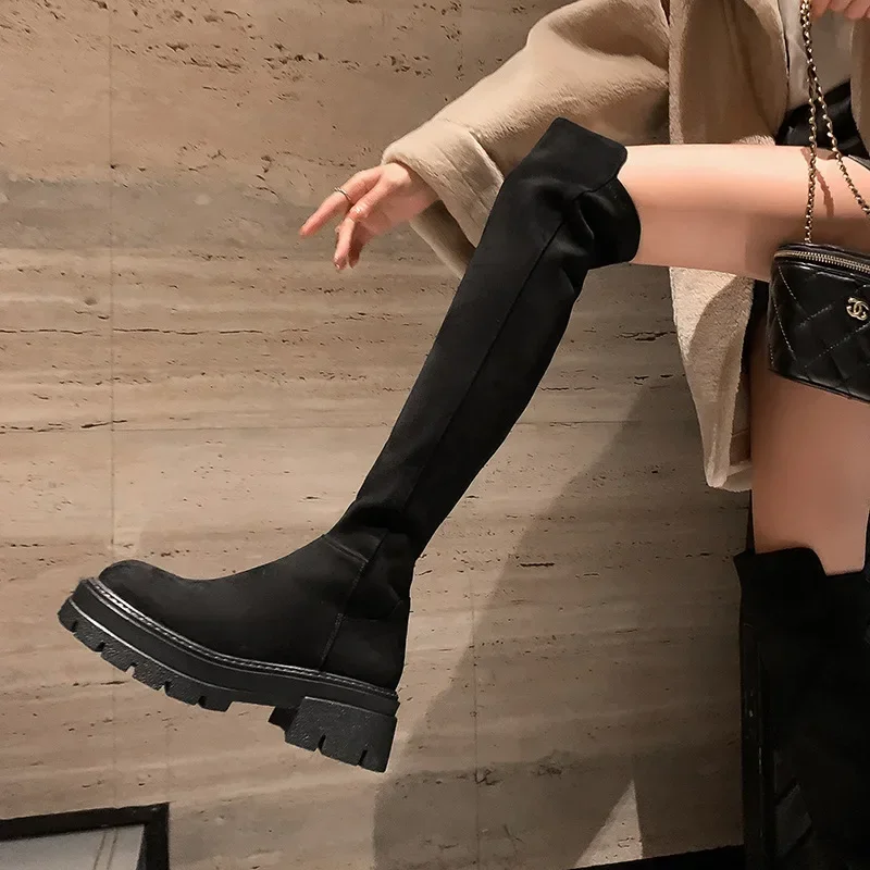 Thick soled knee high boots for women, thick leg high boots, elastic and slimming long boots