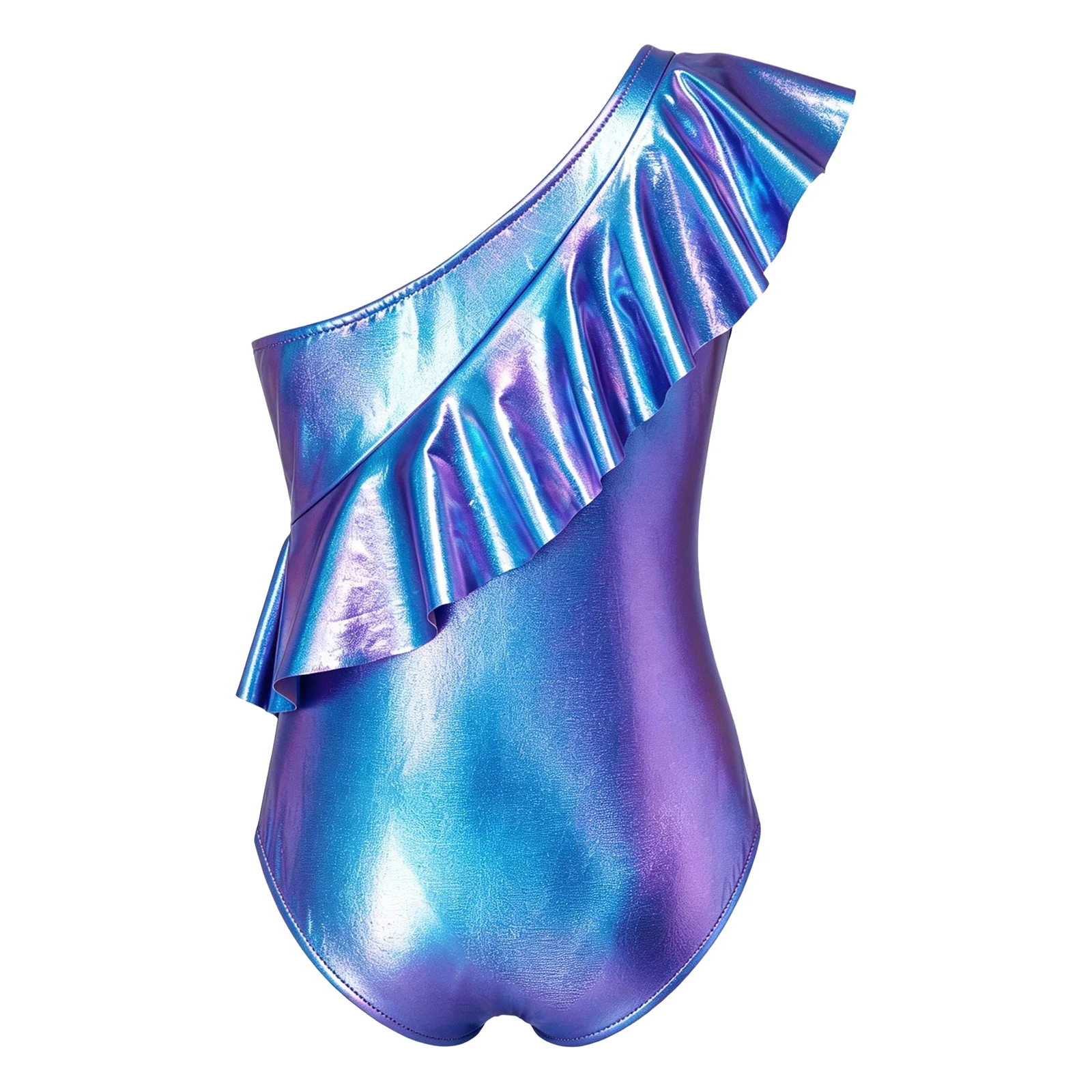 Kids Girls Metallic Ballet Gymnastics Leotard Ruffles One Shoulder Sleeveless Shiny Tumbling Dance Unitard Ice Skating Bodysuit