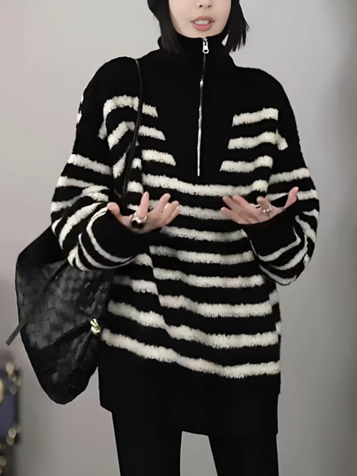 

Женский вязаный свитер средней длины с открытым воротником, на молнии, в полоску, с цветными блоками, осенне-зимний