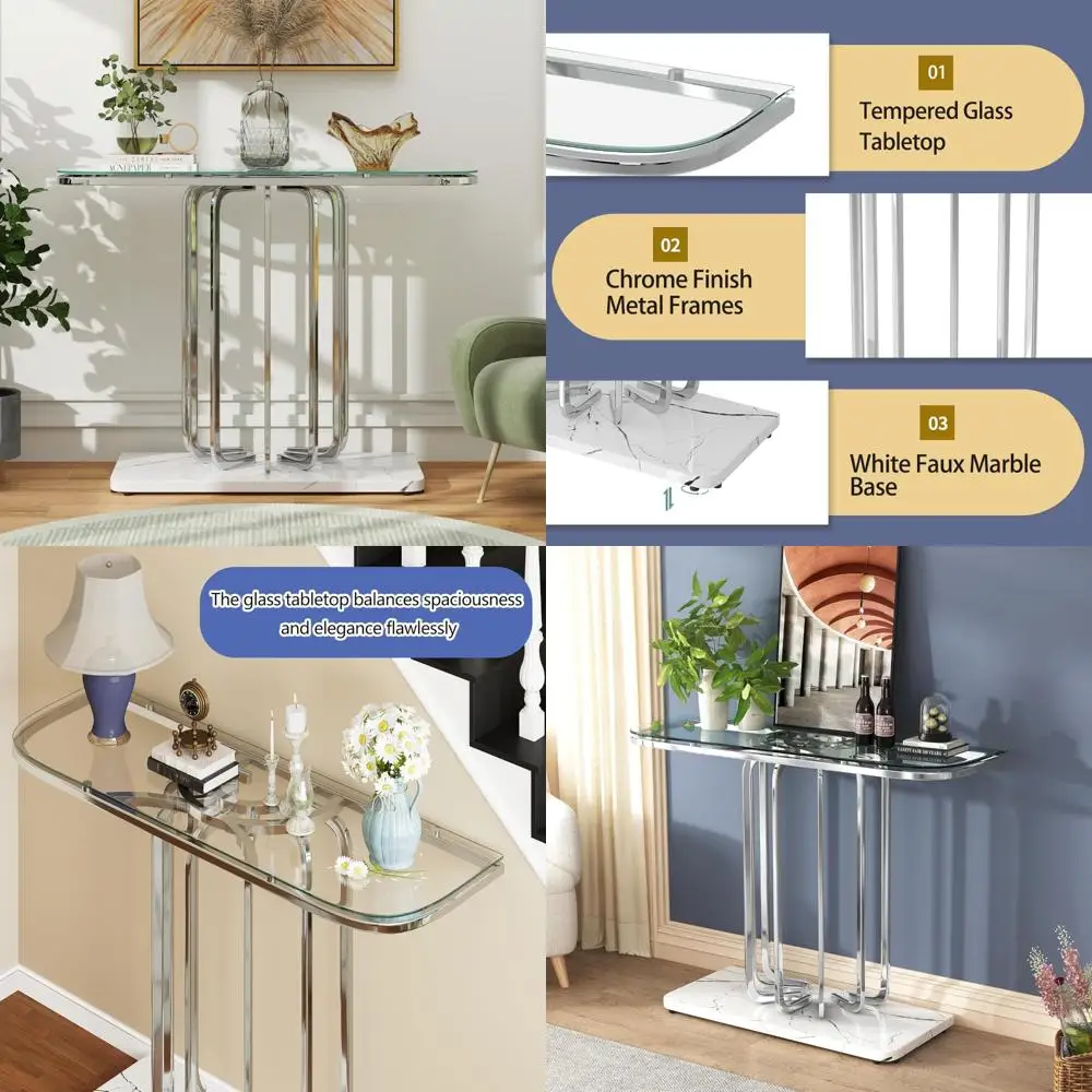 

Modern Glass Console Table with Curved Chrome Frame and Faux Marble Base for Entryway by O&K Furniture