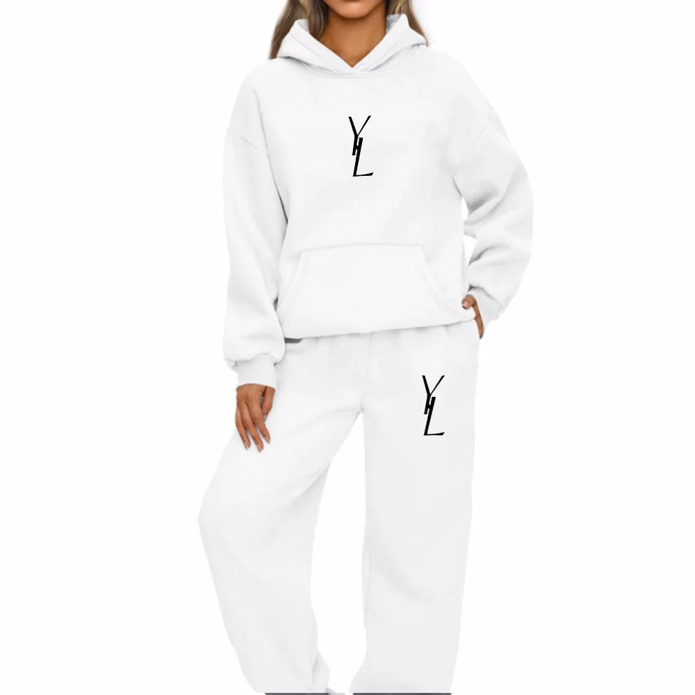 Fashion Women Hoodies Two Piece Sets High Quality Printing Hooded Sweatshirt Sweatpants Casual Suit Female Outwear and Trousers