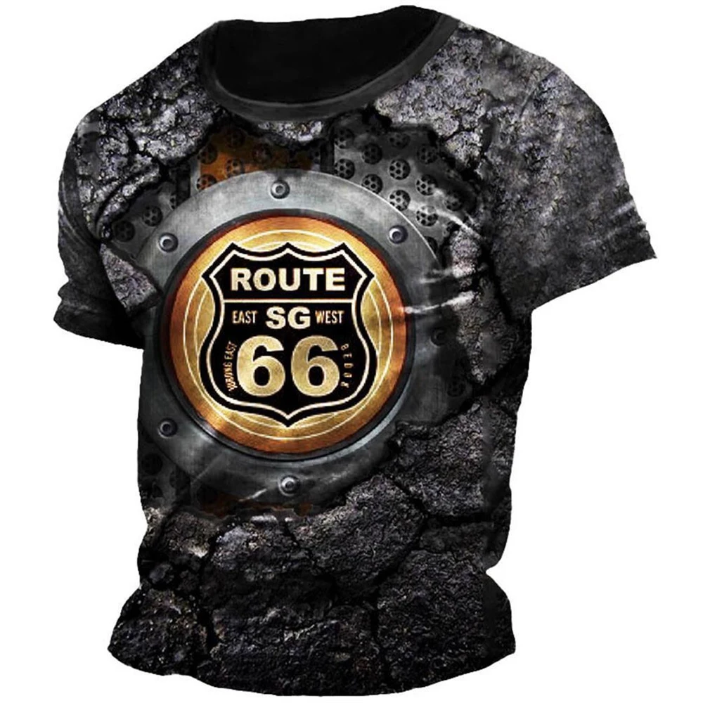 Classic Retro Summer Men\'s T-shirt American Loose Short Sleeve Top Route 66 O Collar Fashion Casual Sports Quick Drying Clothing