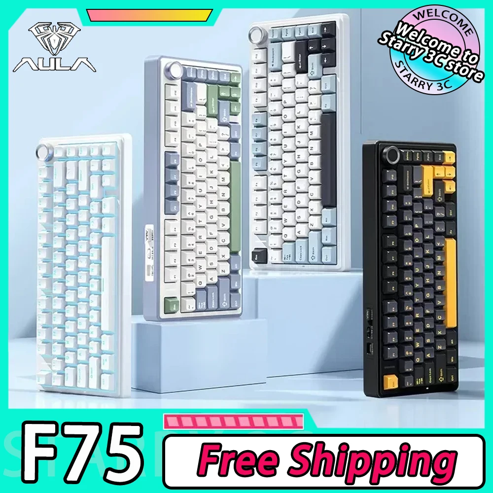 

AULA F75 Mechanical Keyboard Multifunctional Knob Tri Mode RGB Wireless Gaming Keyboard Hot Swap Gasket Pc Gamer Accessories Mac