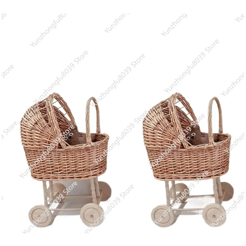 New Arrival Woven Rattan Willow Braided Retro Baby Cart Children's Room Decorated Children Toys Baby Stroller Toy