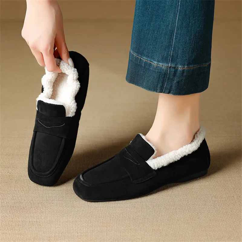 New Autumn/Winter Sheep Suede Women Shoes Fashion Square Toe Shoes for Women Low Heels Women Pumps Leisure Loafers Handmade view 5