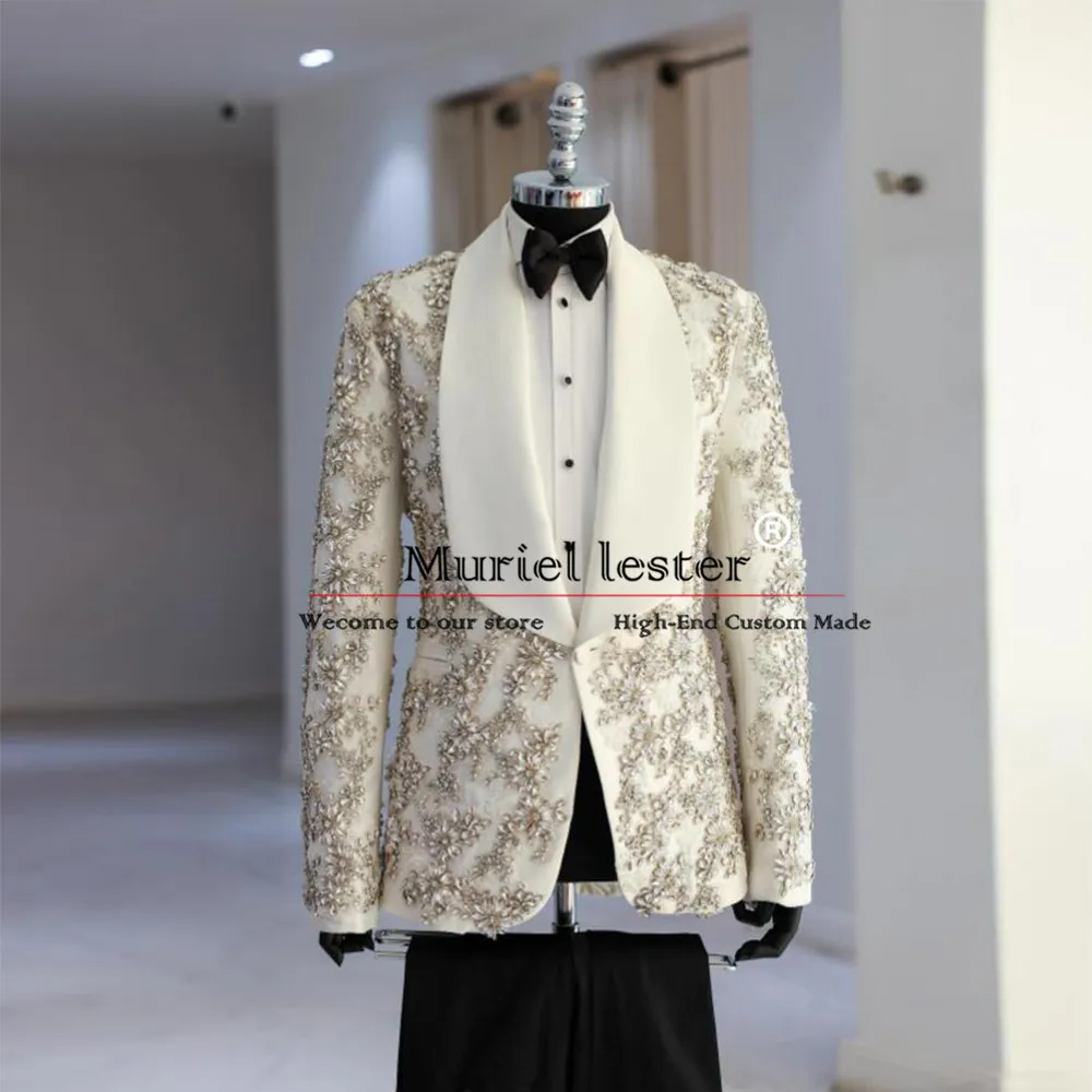 Luxury Wedding Suits For Men Ivory Shawl Lapel Beaded Stone Appliques Jacket With Black Pants 2 Piece Man Evening Groom Tuxedos