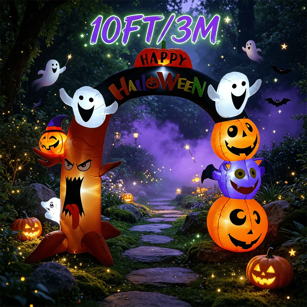 10FT Halloween Inflatable Toy with LED Light Up Happy Halloween Archway Yard Ghost Pumpkin Tree Outdoor Lawn Party Decoration