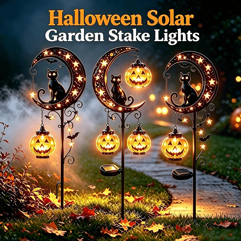 Solar Halloween Garden Stake Light, Waterproof Metal Moon Black Cat With Jack-o-lantern Pumpkin Outdoor Yard Decor Light