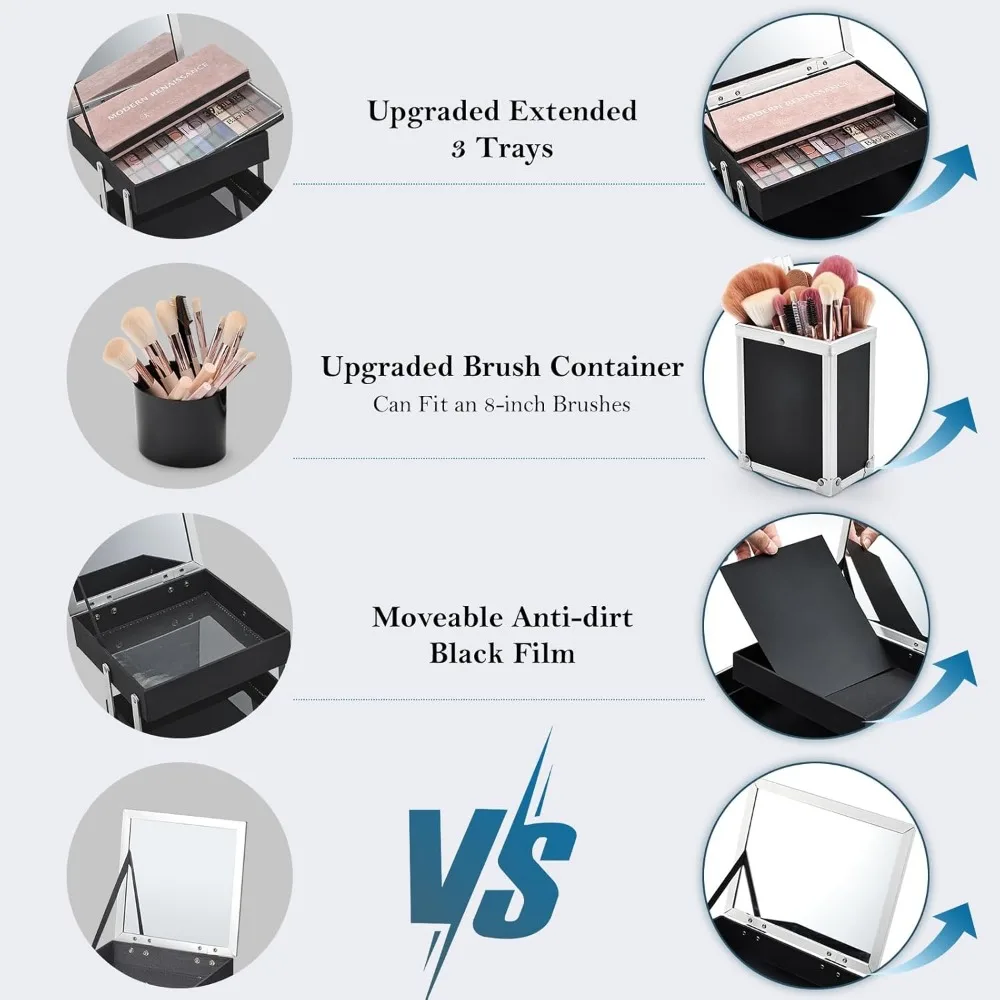 Large 11.8 Inch Makeup Train Case with Mirror, 3 Trays & Locking Storage for Cosmetics Travel Organizer Black Floral