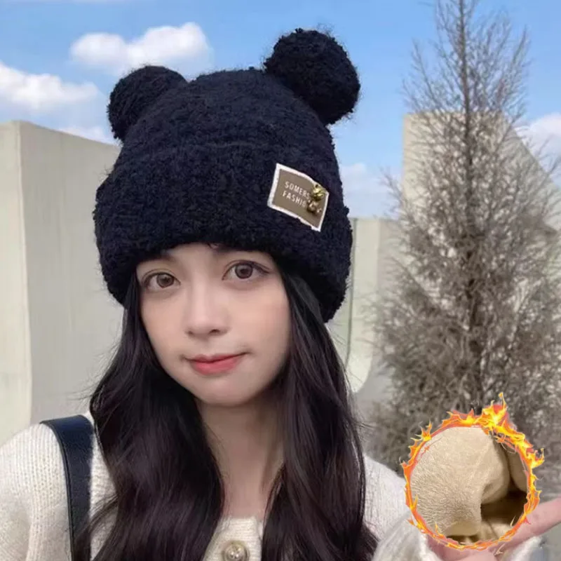 1-2PCS Kawaii Bear Ear Winter Cap for Women Thickened Knitted Hat with Ear Covers and Soft Lining Cold Proof Beanie