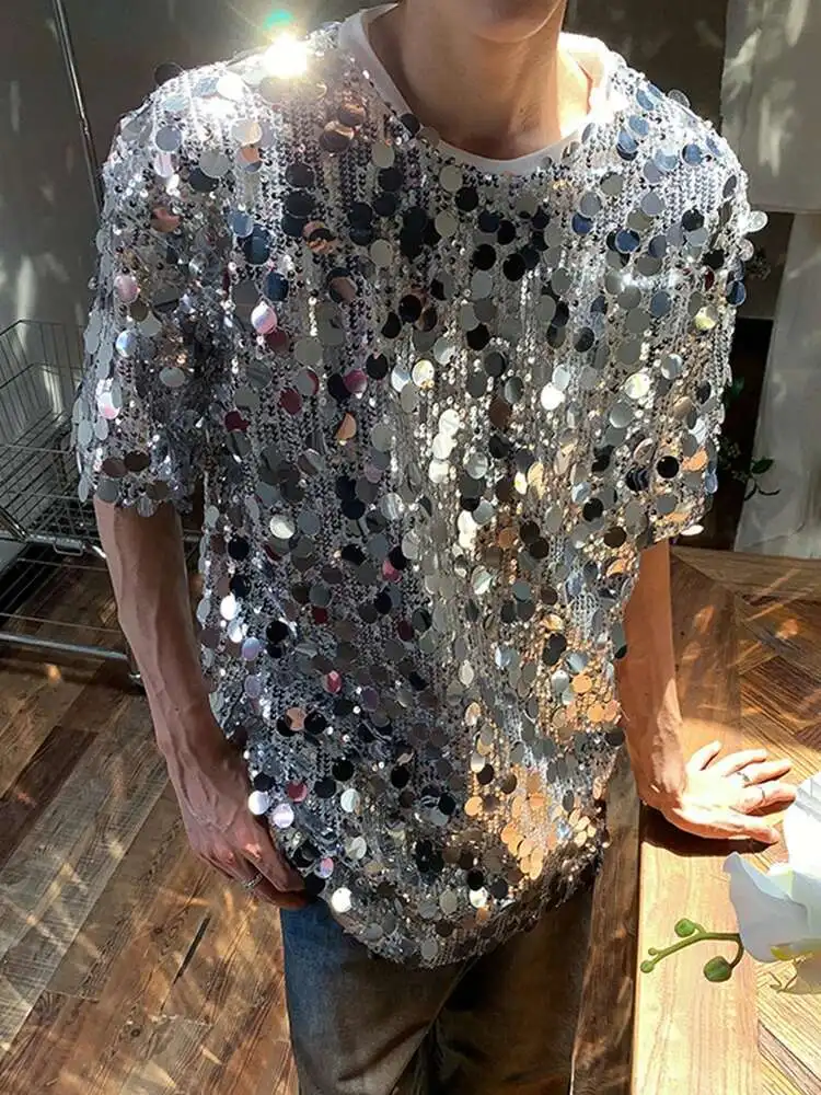 LUZHEN Personalized Trendy Sequin Splicing Design Short Sleeve T Shirts Original Stylish Street High Quality Men\'s Tops LZ3917