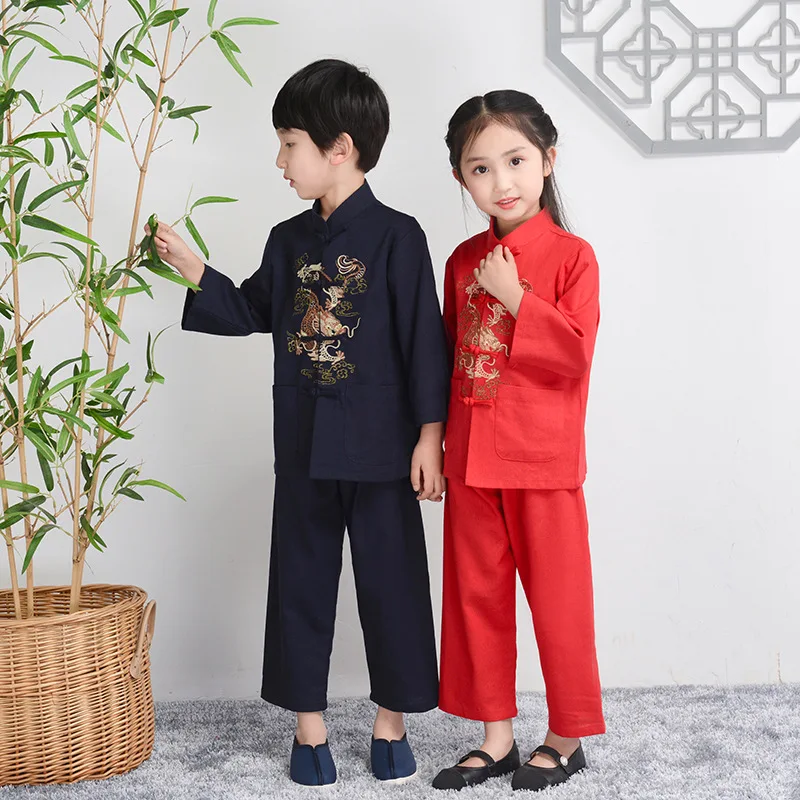 Boy Cotton Line Tang Clothes Long Sleeve Hanfu Set Child Chinese Style Shirt&pants 2Pcs Outfit Embroider Dragon Kongfu Costume