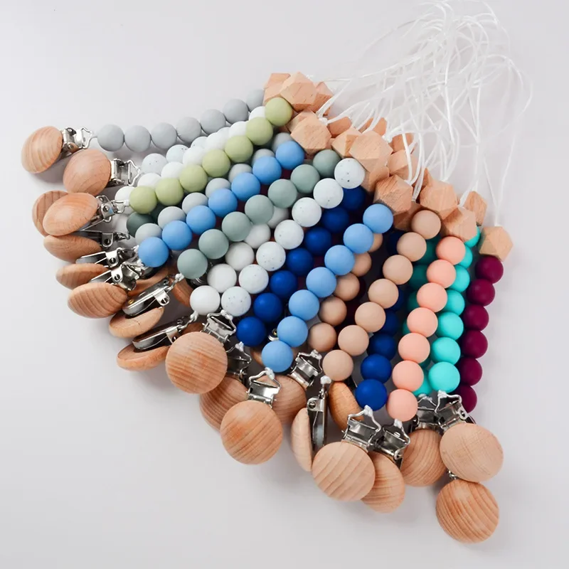 Baby Schnuller Clip Holz Farbe Silikon Perle Säuglings Beißring Schnuller Anti-drop Kette Neugeborenen Sicher Zahnen Spielzeug Dummy Nippel halter