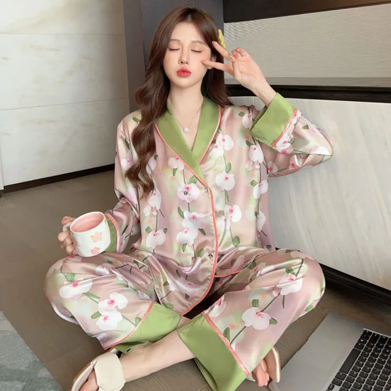 2024 New Spring Autumn Women Pajamas Female Thin Artificial Silk Long-Sleeved Trousers Homewear Suit Casual Cardigan Sleepwear