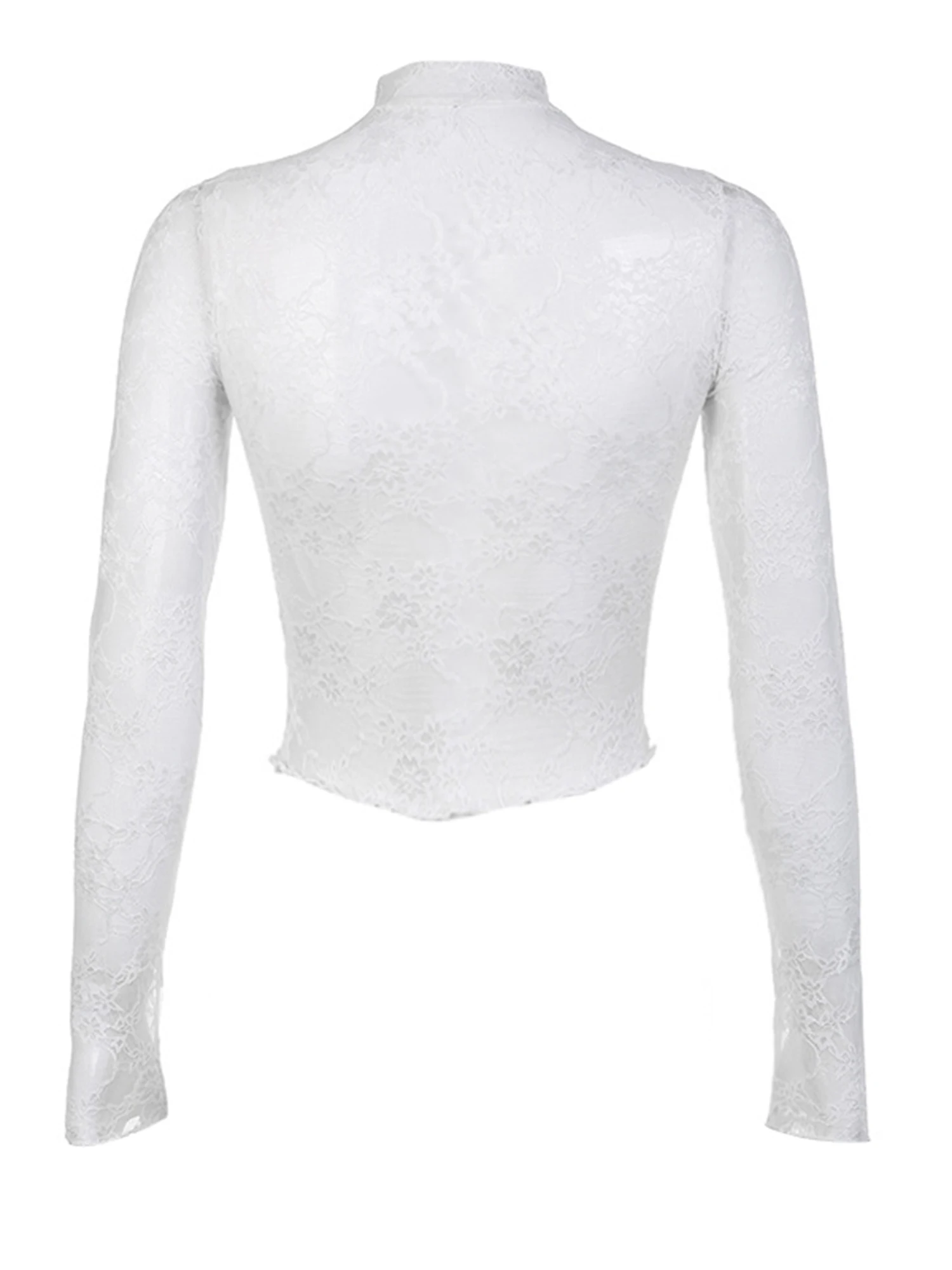 T-shirt à manches longues en dentelle florale pour femmes, haut court à col montant, chemise transparente, streetwear des années 2000, blanc nickel é