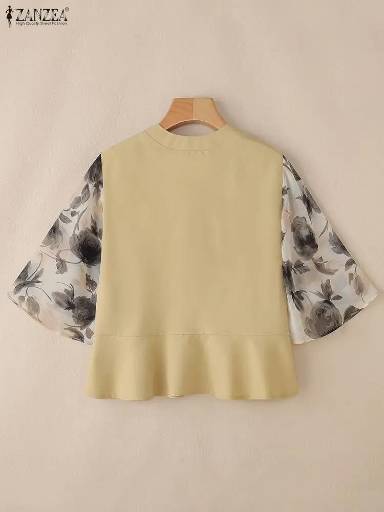 ZANZEA Elegante Frauen V-ausschnitt 3/4 Hülse Bluse Sommer Floral Patchwork Hemd Stilvolle Büro Arbeit Shirts Plissee Tops Weibliche Mujer