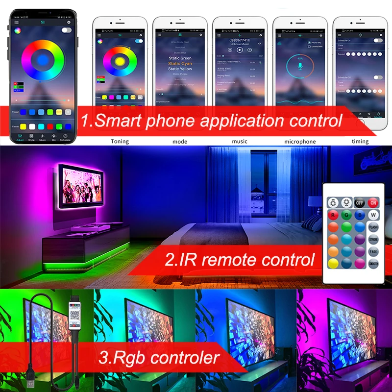 USB Bluetooth 24Key RGB LED Strip Lights For TV Backlight Dimmable RGB LED Tape Smart Bluetooth Control 5V RGB LED Lights Strip