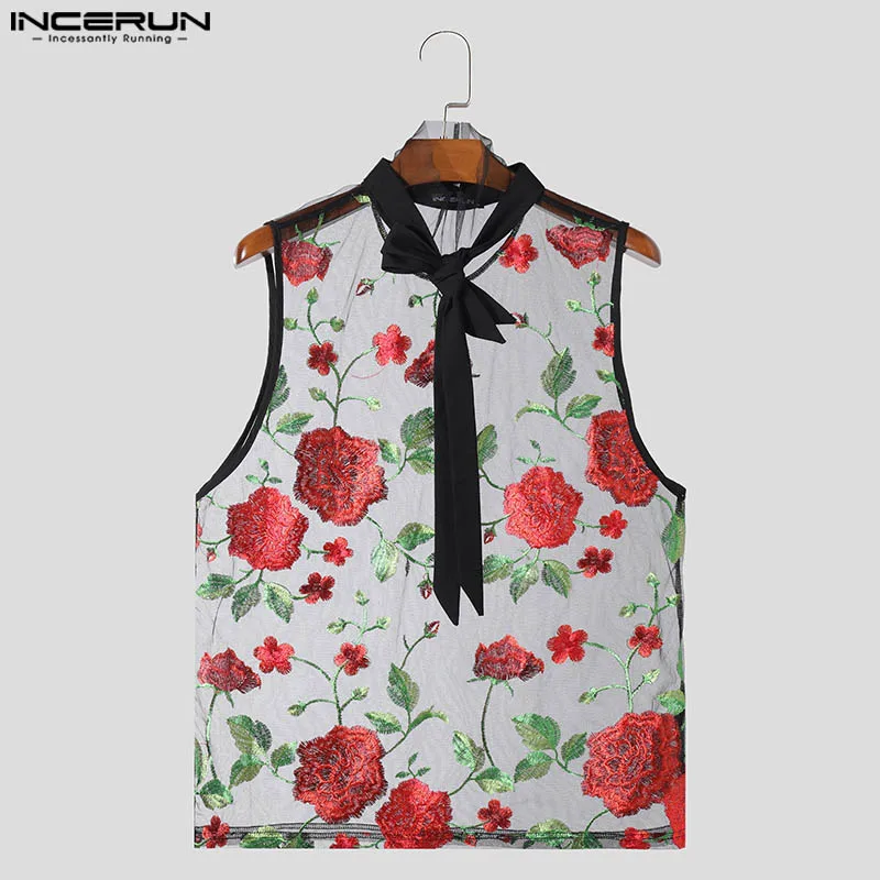 Sexy Fashion Style Tops INCERUN 2024 Men\'s Ribbon Design Vests Casual Clubwear Thin Embroidered Rose Sleeveless Tank Tops S-5XL