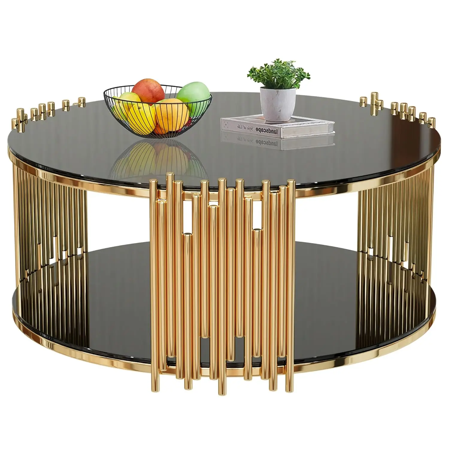 

Круглый журнальный столик с основанием из золотистой нержавеющей стали, двухъярусный журнальный столик с черным стеклом, современный, на заказ