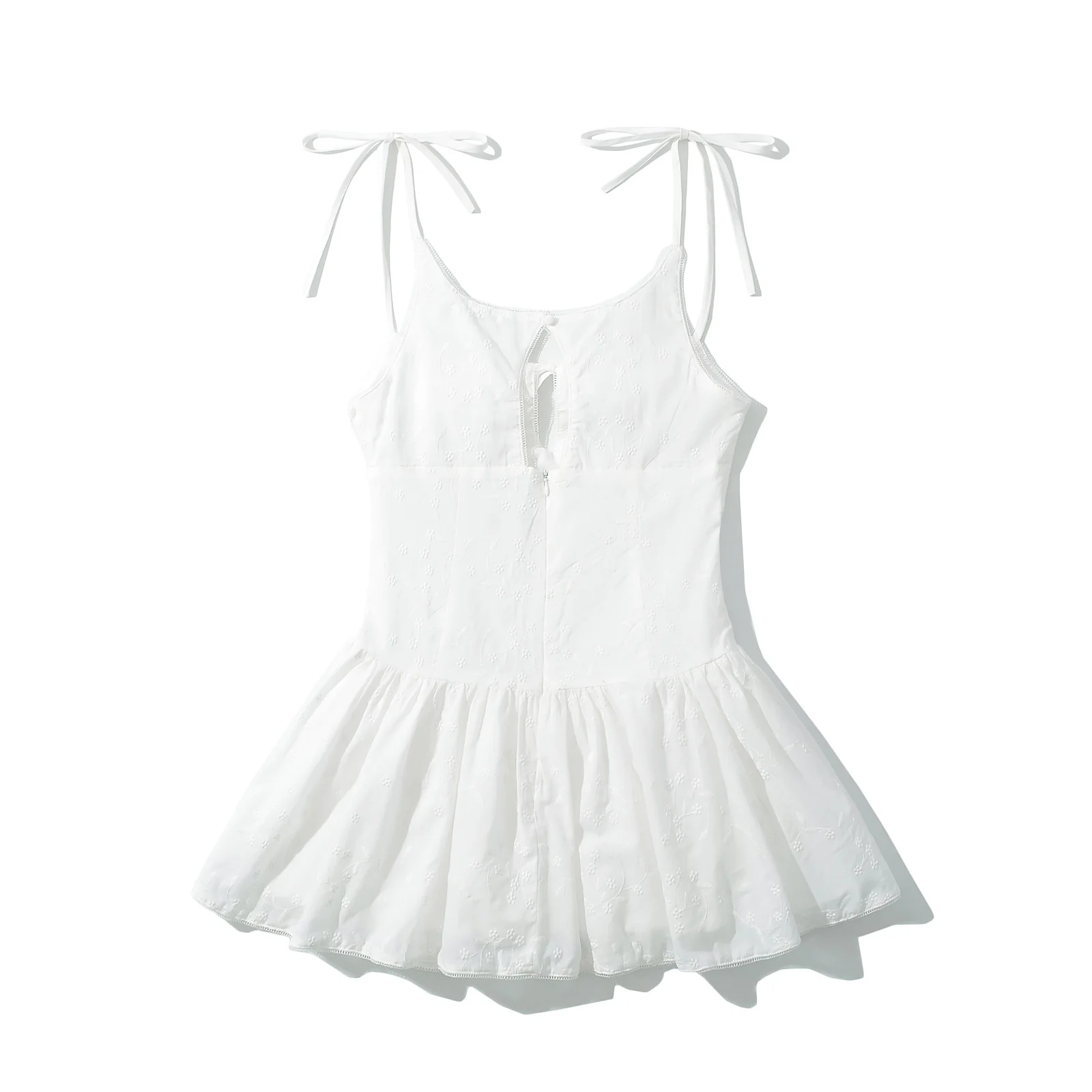 Sexy White Embroidery Flower Cotton Corset Style Bow Sling Dress Women Low Waist Ruched A-line Swing Mini Party Dresses Robe