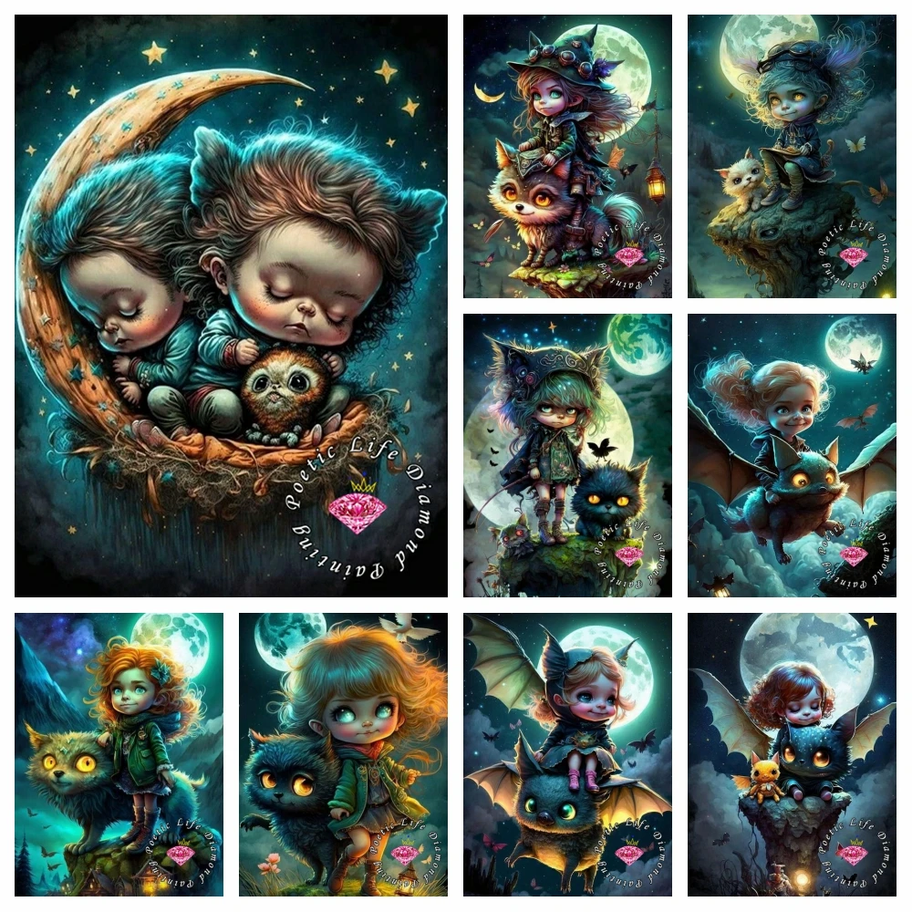 

Cartoon Witch Girl Boy 5D DIY Diamond Painting Cross Stitch Embroidery Cute Elf Cat Bat Mosaic Rhinestones Art Home Decor Kids