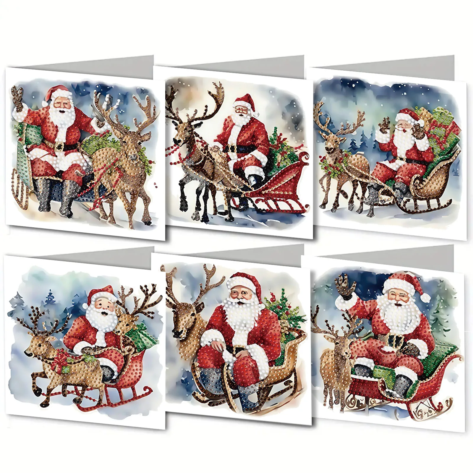 

6pcs/Set DIY Diamond Painting 2026 Santa Claus Reindeer Pattern Happy New Year Wishing Greeting Card