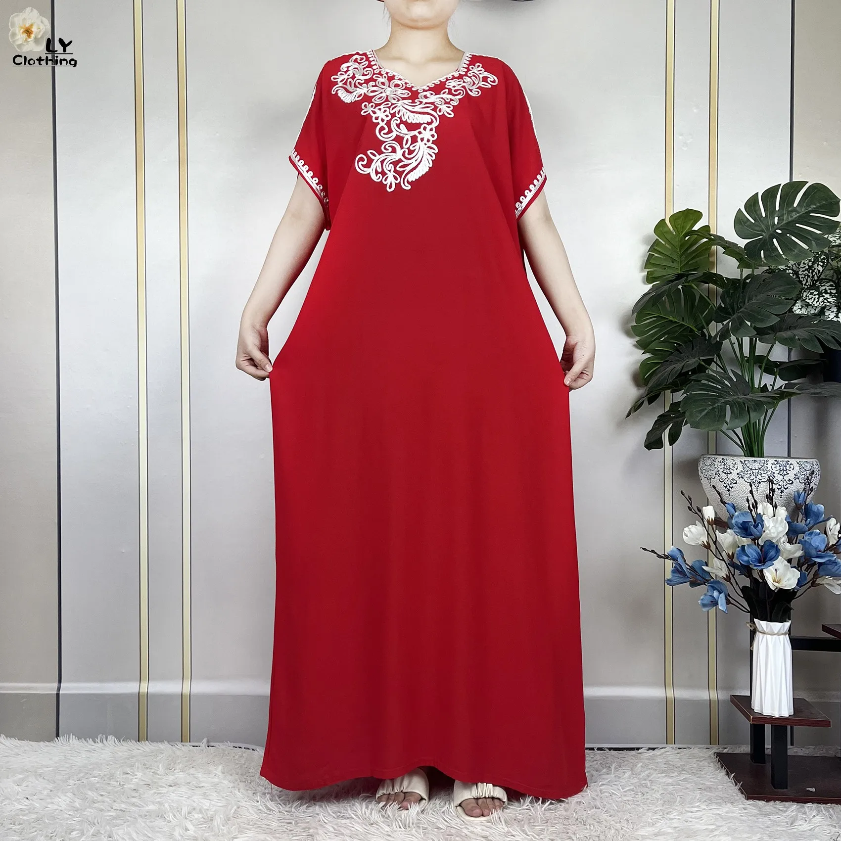 2023 African Abayas For Women Short Sleeve Summer Solid Color Loose Femme Robe Maxi Muslim Elegant Woman Dresses With Turban