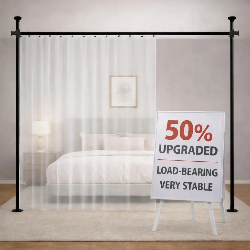 Adjustable Tension Curtain Rods, No Drill Room Divider for Bedroom Apartment Office, Easy Installation Black