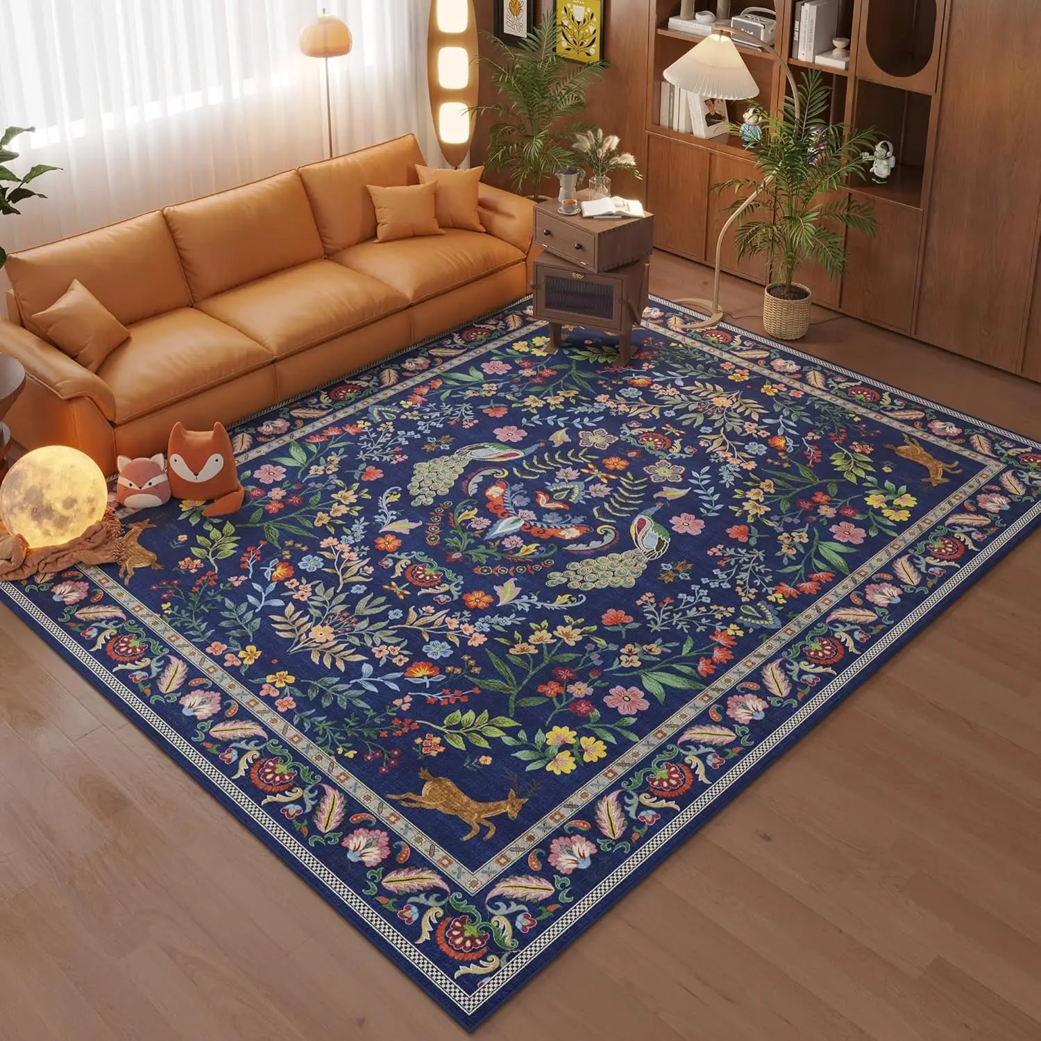 Navy Peacock Deer Floral Area Rug, Retro Vibrant Wildlife Bloom Print, Non-Slip Washable Mat for Bedroom Room Game Room Indoor - view 4