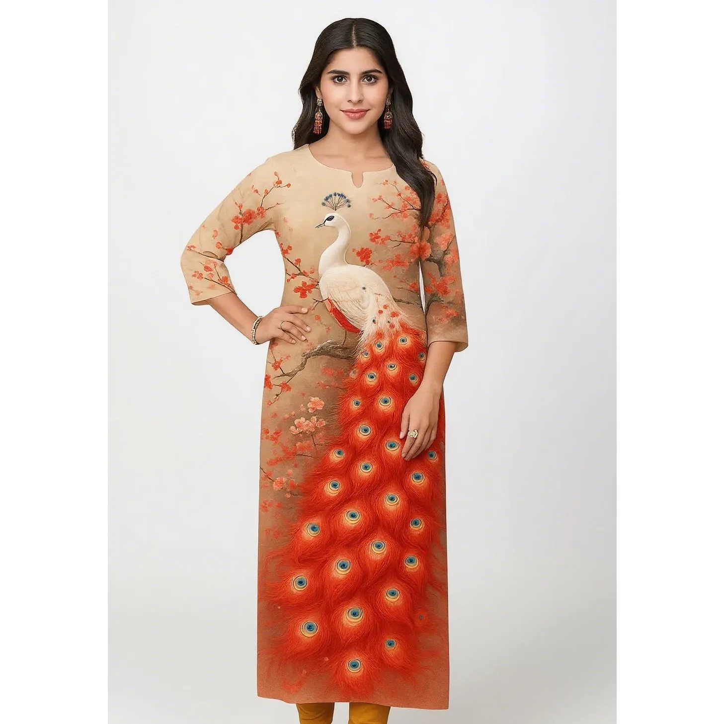 رداء نسائي إسلامي طاووس كورت مريح بأكمام طويلة مستقيم كاجوال بنمط طاووس عرقي Musulman فام #1