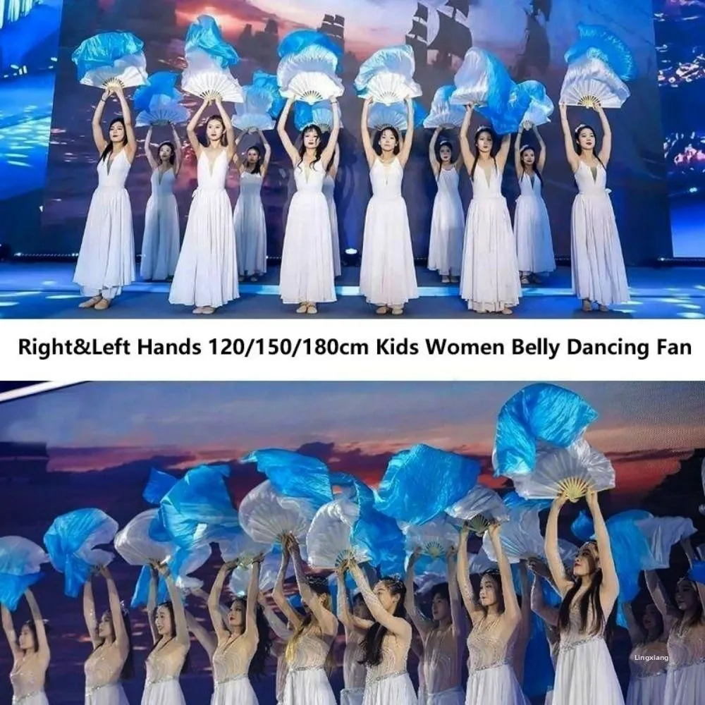 120/150/180cm Kid Women Belly Dancing Fan Tricolor Gradient Light Blue/Blue Practice Long Imitation Silk Fans Right&Left Hands
