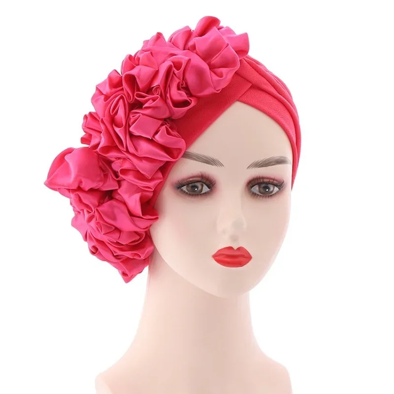 African Big Flower Turban For Women Muslin Hajabs Hat Pleated Beanie Headwrap Caps Islamic Indian Ladies Fashion Bonnet Headwear