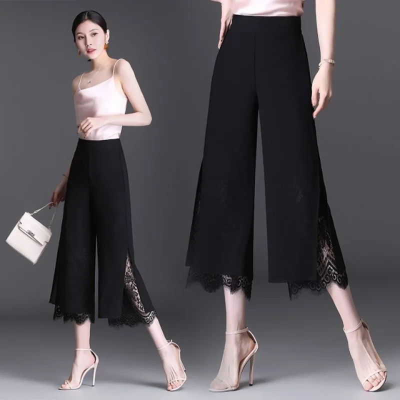 Women Split Lace Patchwork Elegant Straight Wide Leg Cropped Trousers Female Summer Black Loose High Waist Thin Pants Pantalones