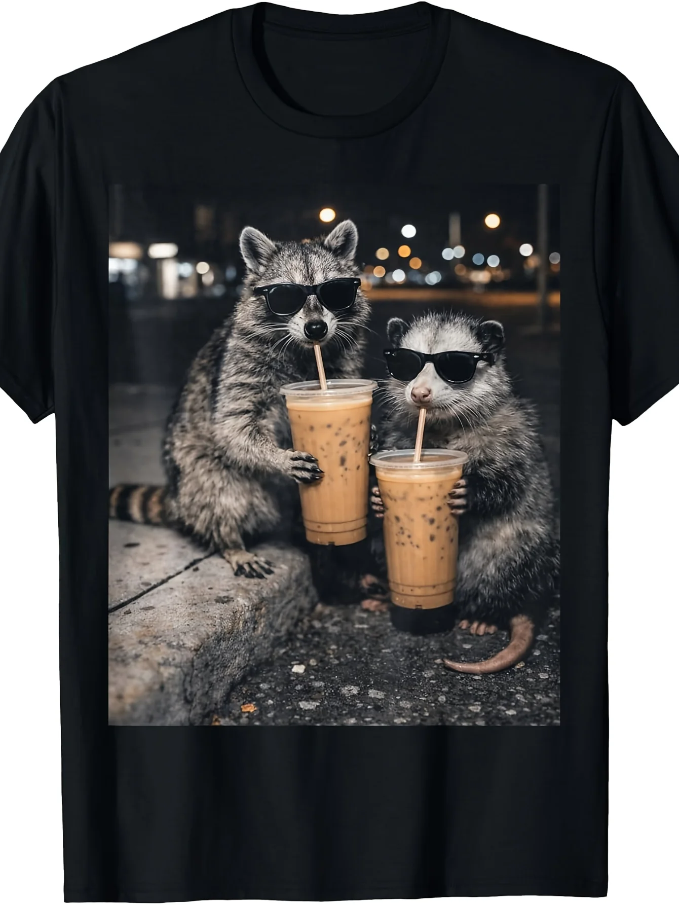 Vintage Raccoon and Possum Drinking Iced Coffee T-Shirt - Fun and cute animal print crew neck shirt, suitable for casual wear all year round, machine washable shirt, ideal for themed parties and everyday wear