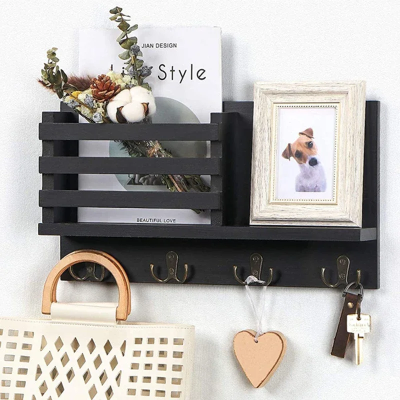 Mail Sorting Shelf with Keys Hangers Wall Mounted Wood Holder Tray Vintage Home Decor Hallway Storage Clothes Towel Bag Umbrella