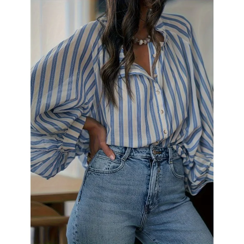 플러스 사이즈 1XL-5XL 신상 여성 스트라이프 루즈 셔츠 블라우스 여성 긴팔 캐주얼 O넥 버튼 루즈 셔츠 탑