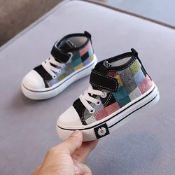 Children New Fashion Canvas Shoes Boys Girls Flower Plaid Prints Board Shoes High Top Soft Sole Non Slip Hook and Loop Shoes