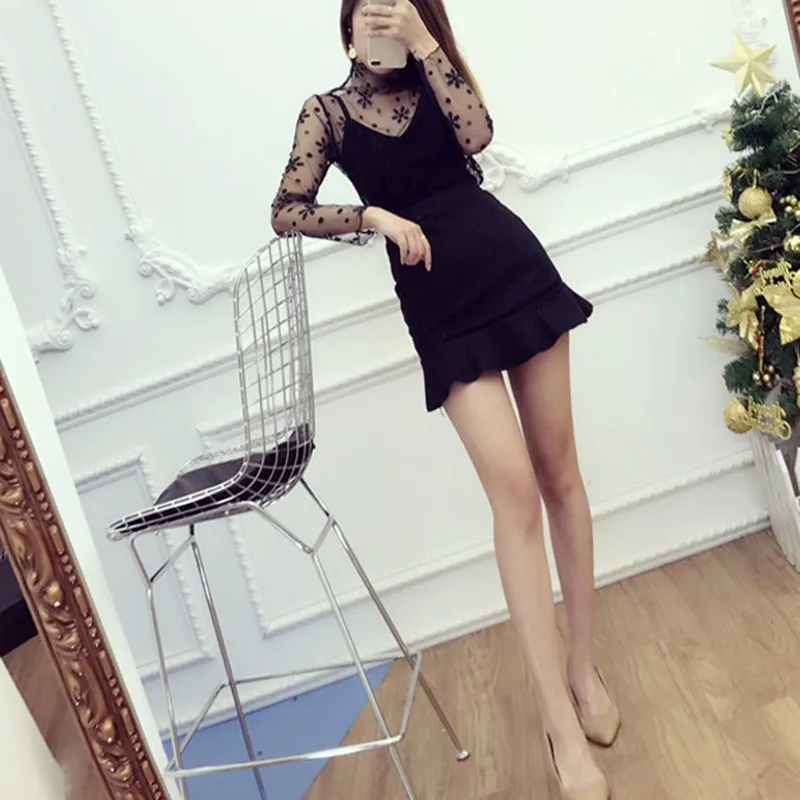 Women Lace Floral T Shirt Transparent Mesh Ladies Tops Sheer Blouses Autumn See-Through Turtleneck Black Long Sleeve T shirt